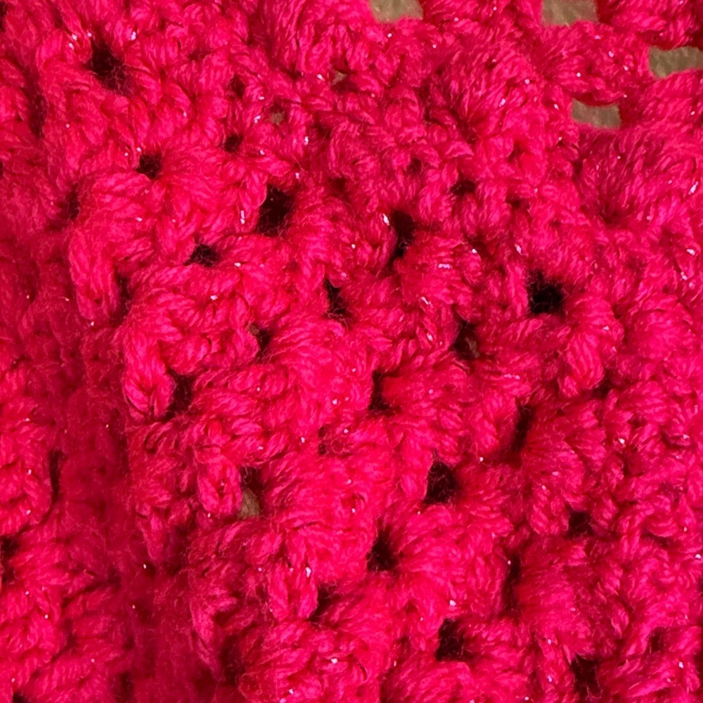 Hand knit crochet, fuchsia sparkle, short cardigan - Picture 8 of 10